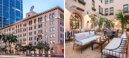 Exterior of the The Guild Hotel San Diego a Tribute Portfolio Hotel (left) and outside patio sitting area (right)